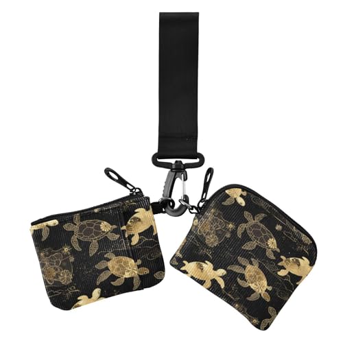 Schwarze goldene Blume Meeresschildkröte Damen Münzgeldbörsen Kartenetuis kompakte Größe Handgelenktasche Schlüsselhalter mit Reißverschluss Münzfach für den täglichen Gebrauch 2 Stück, von voucong