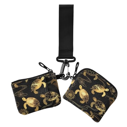 Schwarze goldene Blume Meeresschildkröte Kunst Dual Wristlet Wallets für Frauen Mini Mode Reißverschluss Münzbörse Geldbörse Geldbörse Geldbörse mit Schlüsselanhänger für den täglichen Gebrauch, 2 von voucong