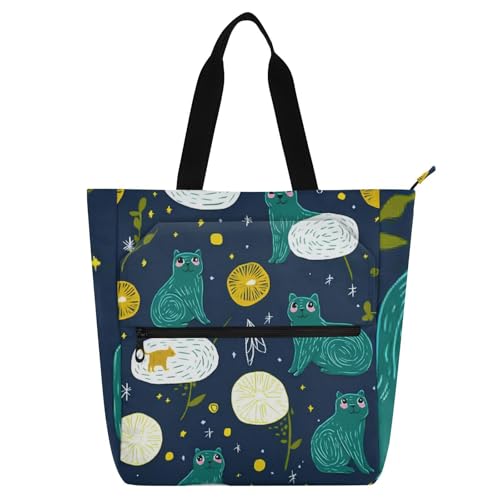 Space Aliens Cats Green Book Tote Bag for Boys Girls Adults Sturdy Library Shoulder Bag Handbag with Zipper for School Shopping Grocery von voucong