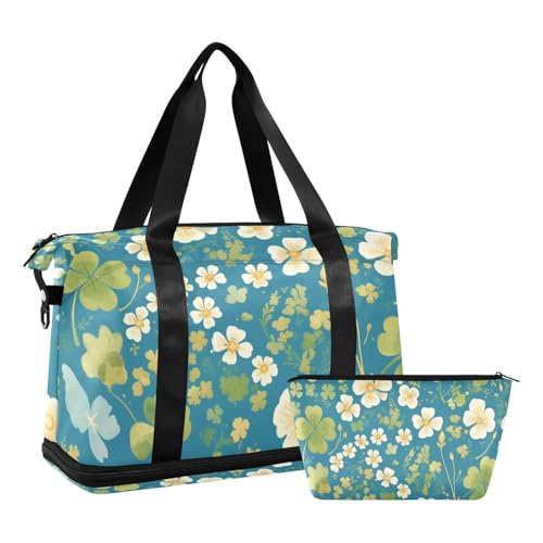 St. Patrick's Day Grünes vierblättriges Kleeblatt, große Handgepäcktasche mit Nasstasche, verstellbarer Riemen, Workout-Tasche zum Wandern, multifunktional, für Männer und Frauen von voucong