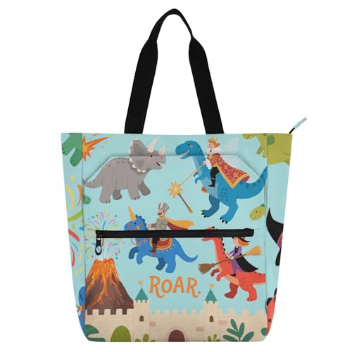 Süße Cartoon-Dinosaurier-Vulkan-Kinder-Tragetasche für Jungen, Mädchen, Frauen, große, wiederverwendbare Einkaufstasche mit Reißverschluss für Schule und Spielzeit von voucong