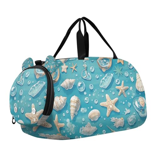 Summer Fresh Blue Shell Seestern Kleiner Turnbeutel mit Schuhfach Multifunktionale Sporttasche Reisetasche für Schule, Praxis, Sport, Reisen von voucong