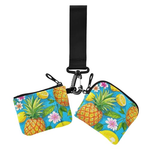 Summer Fruit Ananas Zitronenblau Damen Münzbeutel Kartenhalter Slim Abnehmbare Münzbörse Kleingeldhalter mit Handgelenkschlaufe für Damen 2 Packungen, Sommerfrucht Ananas Zitronenblau, 1 Größe, von voucong