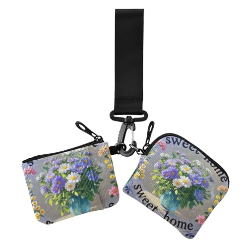 Sweet Home Ölgemälde Lila Frühling Blumen Damen Münzgeldbörse Kartenhalter Große Kapazität Reißverschluss Münzbörse Geldbörse Geldbörse mit Schlüsselanhänger für Damen 2 Packungen, Sweet Home von voucong