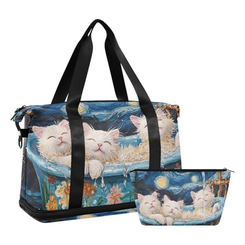 Sweet Selkirk Katzen Retro Badewanne Große Reise Duffel Gepäck mit Nassfach Verstellbarer Gurt Turnbeutel für Geschäftsreisen Faltbar für Männer Frauen von voucong