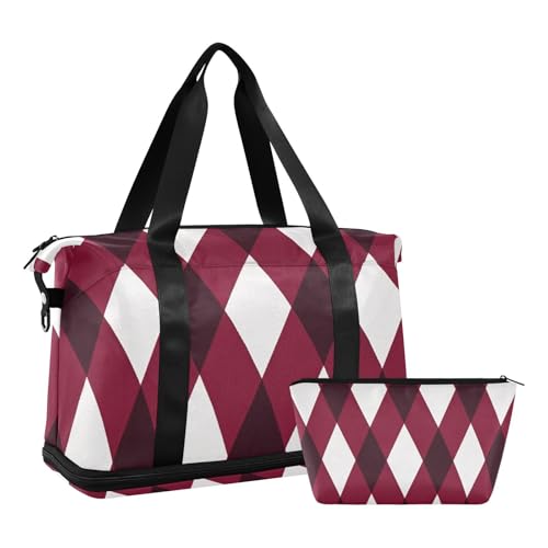 Tradiction dunkelrot karierte Rhombus Plaid Handgepäcktasche Wochenendtasche mit Nassfach verstellbarem Riemen Sport Turnbeutel zum Wandern 2-teiliges Set für Männer und Frauen von voucong