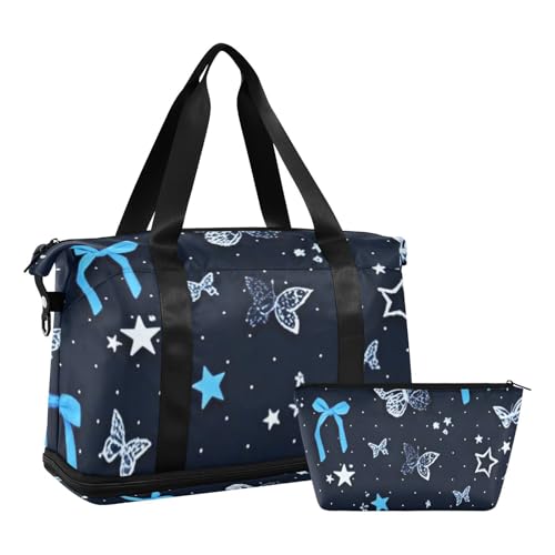 Tragetasche mit Schmetterlingsschleife und Nasstasche, verstellbarer Riemen, Turnbeutel für Geschäftsreisen, großes Fassungsvermögen, für Männer und Frauen, Blau von voucong