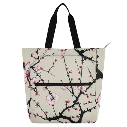 Tragetasche mit chinesischer Tuschemalerei, Kunst, Blumenbücher, für Jungen, Mädchen, Erwachsene, stabile Lehrer-Tragetasche, Schultertasche mit Reißverschluss für Schule, Einkaufen, Lebensmittel von voucong