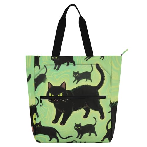 Tragetasche mit niedlichem Cartoon-Motiv, Motiv: wütende schwarze Katze, für Jungen, Mädchen, Erwachsene, stabile Lehrer-Tragetasche, Schultertasche mit Reißverschluss, für College, Shopping, Strand von voucong