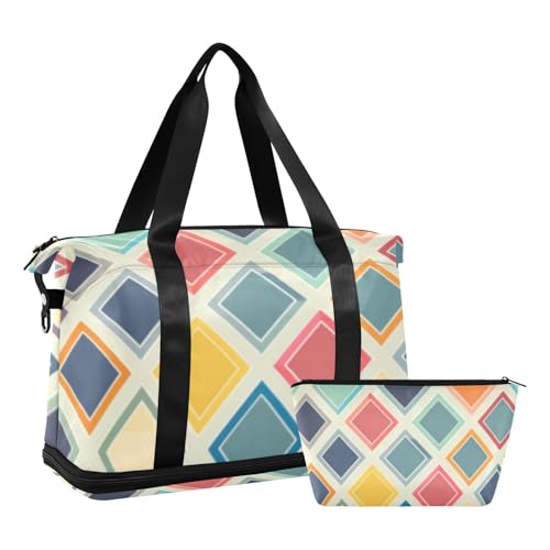 Tragetasche und Gepäck mit geometrischem buntem Karomuster, mit Nasstasche, verstellbarem Riemen, Turnbeutel für Workout, faltbar, für Männer und Frauen von voucong