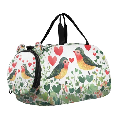 Valentine Cartoon Kleeblatt Blumen Liebe Vogel Kleine Turnbeutel mit Schuhfach Multifunktionale Sporttasche für Strand Schwimmen Taschen Pool Sport von voucong