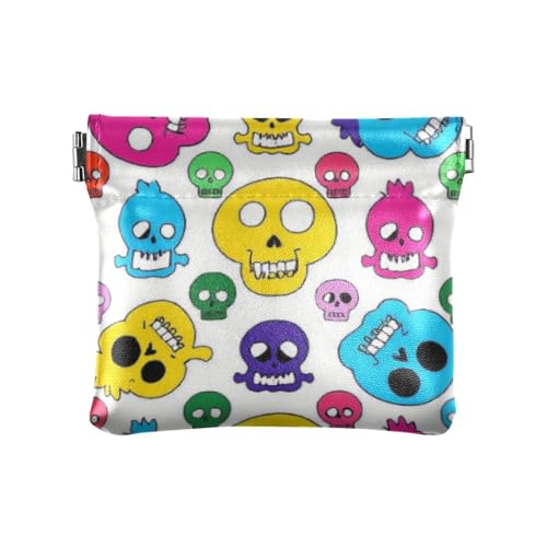 Weiße Cartoon-Totenkopf-Silhouetten für Damen, Leder, Münzgeldbörse, niedliches Reisezubehör für Frauen, Weiße Cartoon-Totenkopf-Silhouetten, 1 size, Druckkunst von voucong