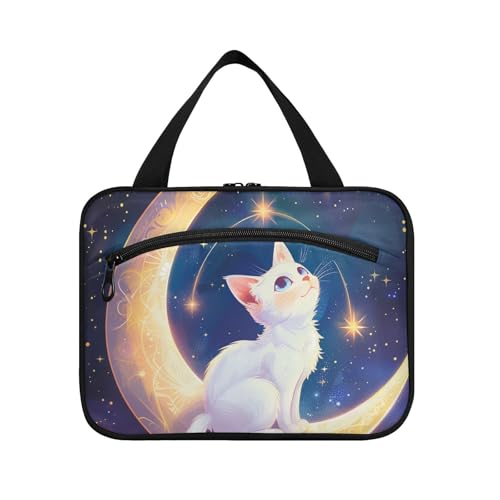 Weiße Katze auf Mond hängende Make-up-Tasche für Frauen mit Haken, Designer-Kompakt-Tasche für Make-up für Papa, Reisen, Bolsos para Hombre L von voucong