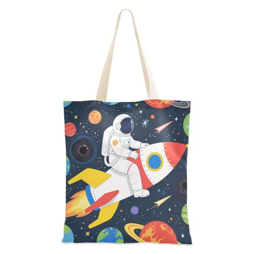 voucong Astronaut im Weltraum blaue Canvas-Tragetasche für Damen mit Taschen mit Griffen, wiederverwendbare Canvas-Tragetasche, Großpackung von voucong