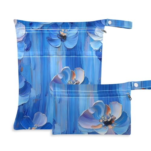 voucong Blaue Blumen blaue Streifen Ölgemälde waschbare kleine Trockentaschen 2 Pack Wickeltasche wesentliche Gegenstände mit Griffen für Strand von voucong
