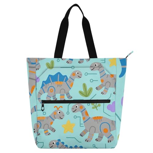 voucong Blaue Roboter-Dinosaurier-Einkaufstasche für Kinder, Studenten, Erwachsene, leichte Schul-, Strandtasche, Einkaufstasche mit Reißverschluss für Schule und Spielzeit von voucong