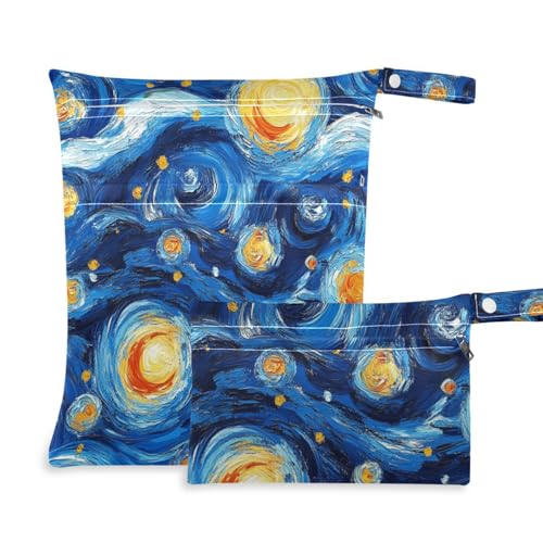 voucong Blaue und gelbe Ölgemälde Sternenhimmel Reißverschlusstasche für Fitnessstudio, 2 Stück, Nassbeutel für Badeanzug mit Griffen für Babywindeln von voucong