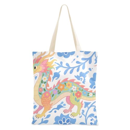 voucong Blauer Blumendrachen-Damen-Tragetasche aus Segeltuch mit Taschen mit Griffen, wiederverwendbare Tragetasche, Gastgeberin von voucong