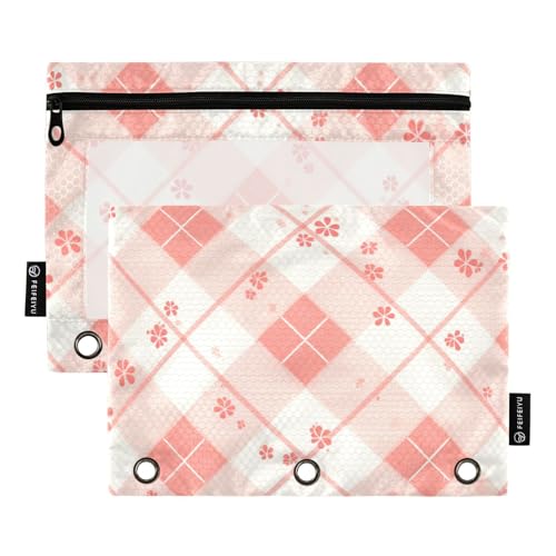 voucong Buffalo Plaid White and Peach Binder Pen Holder Zippered Pencil Case with Clear Window Large and Sturdy for Storing School Office Supplies 2 PCS von voucong