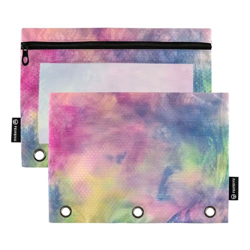 voucong Bunte Batik-Bleistifttaschen mit transparentem Fenster mit Reißverschluss, verstärkte Ösen, für Klassenzimmer, Schule, Büro, Zubehör, 2 Stück von voucong