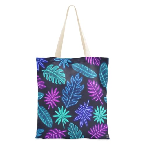 voucong Bunte fluoreszierende neonfarbene Einkaufstaschen mit tropischen Blättern aus Segeltuch für Damen, mit Taschen und Griffen, wiederverwendbar, Strandgeschenk von voucong