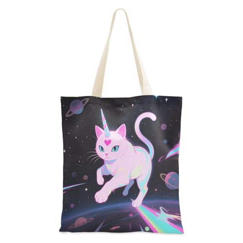 voucong Canvas-Tragetaschen mit Galaxie-Einhörnern, Katze, für Damen, mit Taschen und Griffen, wiederverwendbare Tragetaschen, Großpackung von voucong