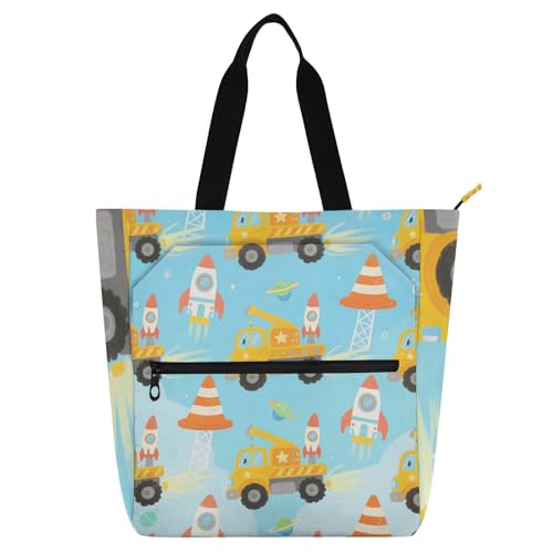 voucong Cartoon Auto Fahrzeug Raketen Blau Kinderbuch Tragetasche für Kinder Studenten Erwachsene Stabile Mädchen Wiederverwendbare Einkaufstasche Handtasche mit Reißverschluss für Schule und von voucong