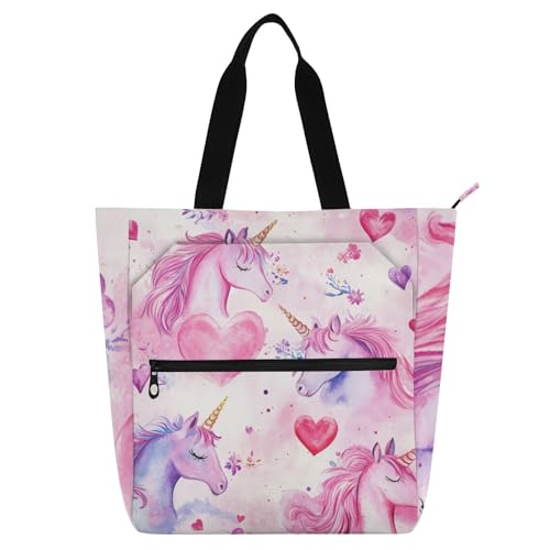 voucong Einhörner Aquarell Herz Valentinstag Kinder Buch Tragetasche für Kinder Erwachsene stabile Mädchen wiederverwendbare Einkaufstasche Handtasche mit Reißverschluss für Schule, Einkaufen von voucong