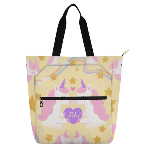 voucong Einhörner Regenbogen Gelb Kinder Buch Tote für Kinder Damen Herren Leichte Mädchen Wiederverwendbare Einkaufstasche Handtasche mit Reißverschluss für Schule Einkaufen Strand von voucong