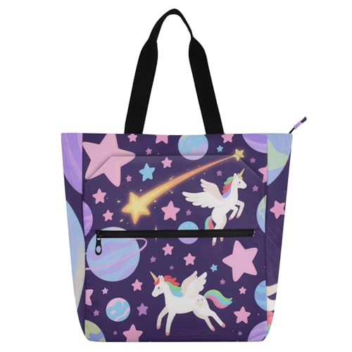 voucong Einhorn Regenbogen Stern Lila Kinderbuch Tragetasche für Kinder Studenten Erwachsene Wasserdicht Bibliothek Schultertasche Handtasche mit Reißverschluss für Schule Einkaufen Strand von voucong