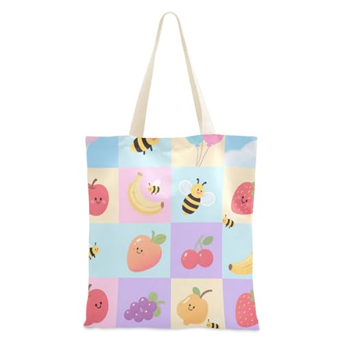 voucong Einkaufstasche aus Segeltuch für Damen, karierte Biene, Obst, Cartoon, mit Taschen, mit Griffen, wiederverwendbare Leinentaschen, Großpackung von voucong