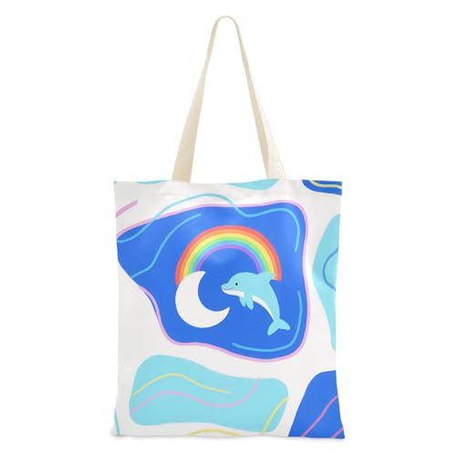 voucong Einkaufstasche aus Segeltuch mit Cartoon-Motiv, Patchwork, Regenbogenwal, für Einkäufe für Damen, mit Taschen, mit Griffen, wiederverwendbar, Strandgeschenk von voucong