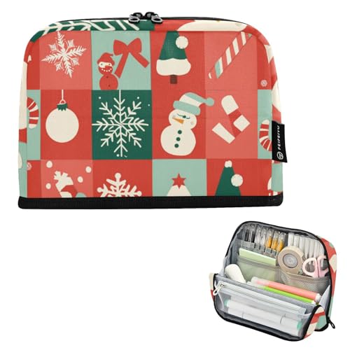 voucong Federmäppchen, großes Fassungsvermögen, Kosmetik, breite Öffnung, für Teenager, Jungen, Schulbedarf, Weihnachten, rotes Karomuster von voucong
