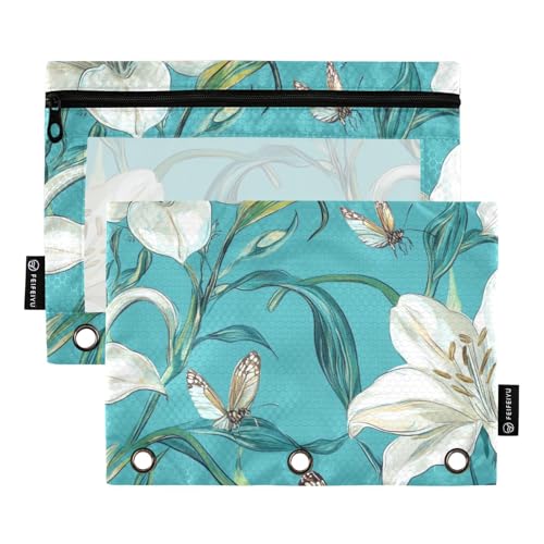 voucong Federmäppchen mit 3 Ringen, Motiv: süße Lilie, Türkis, mit transparentem Fenster, große Kapazität, zur Aufbewahrung von Schulen, Studenten, Lehrerbedarf, 2 Stück von voucong