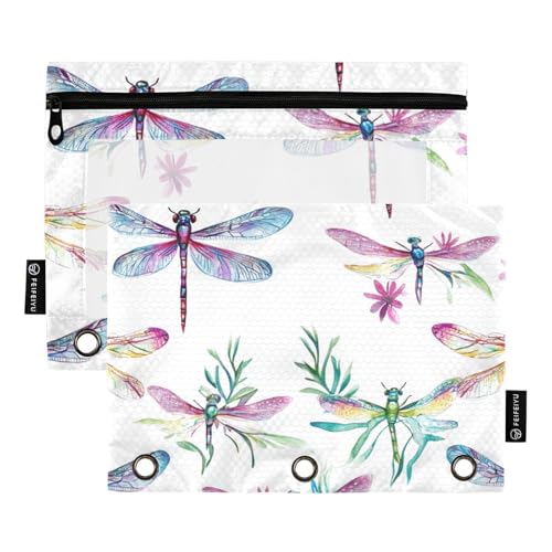 voucong Federmäppchen mit niedlichem Libellen-Design, mit transparentem Fenster, transparentem Fenster und Ösen, für Bürobedarf, 2 Stück von voucong