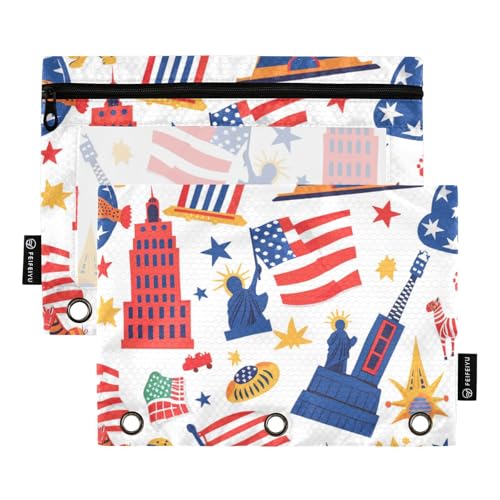 voucong Flaggenspielzeug 4. Juli Unabhängigkeit Cartoon Home Management Binder Federmäppchen mit transparentem Fenster und Ösen für Bürobedarf, 2 Stück von voucong