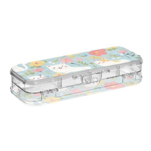 voucong Fresh Spring Bunte Katzen transparente Stiftebox Kunststoff Doppelschicht Boxen Stifte Etui für Kinder mit Deckel von voucong