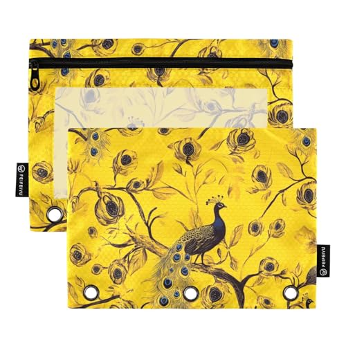voucong Goldener Pfauen-Bindertasche, weiches Federmäppchen mit transparentem Fenster, groß und stabil, für Klassenzimmer, Schule, Bürobedarf, 2 Stück von voucong