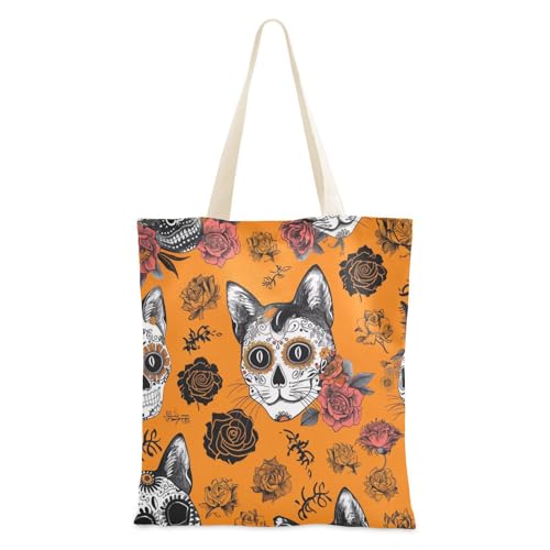 voucong Gotische Skelett-Katzen-Leinentaschen für Damen, mit Taschen und Griffen, wiederverwendbare Tragetaschen, niedliches Geschenk von voucong