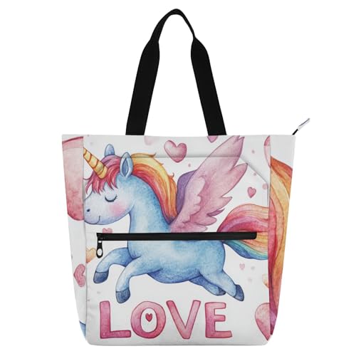 voucong Happy Valentine Cartoon Einhörner Liebe Kinder Buch Tragetasche für Kinder Erwachsene stabile Mädchen wiederverwendbare Einkaufstasche Handtasche mit Reißverschluss für Schule, Einkaufen von voucong