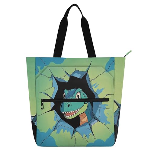voucong Lustige Cartoon-Wand-Dinosaurier-Tragetasche für Kinder, Erwachsene, robuste, wiederverwendbare Einkaufstasche mit Reißverschlusstaschen für Schule, Einkaufen, Lebensmittel von voucong