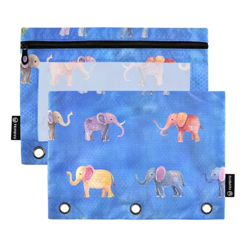 voucong Lustiges Federmäppchen mit 3 Löchern, Motiv: Elefant, blauer Himmel, mit transparentem Fenster und Reißverschluss, verstärkte Ösen, zur Aufbewahrung von Schulstudenten, Lehrerbedarf, 2 Stück von voucong