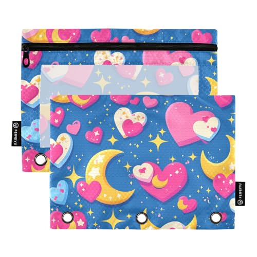 voucong Moon Pixel Art Valentine Cartoon-Reißverschluss-Mäppchen mit transparentem Fenster mit Reißverschluss, verstärkte Ösen, für Büro, Schule, Kosmetik, 2 Stück von voucong