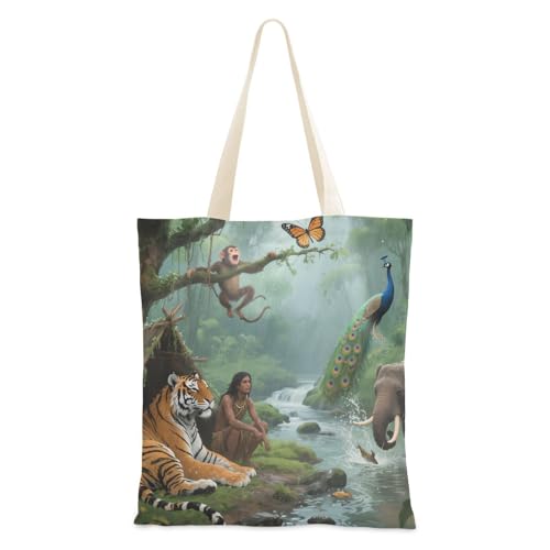 voucong Primitive Jungle Tribal Animals Canvas Tote Bag for Women With Pockets With Handles Reusable Canvas Tote Bags Bulk Coworker Gifts von voucong