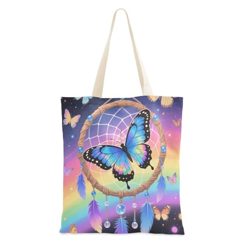 voucong Regenbogen-Traumfänger-Tasche mit Schmetterlingen, aus Segeltuch für Damen, mit Taschen und Griffen, wiederverwendbar, niedliches Geschenk für Frauen von voucong