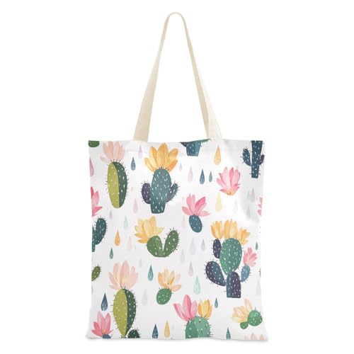 voucong Sommer-Cartoon-Kaktus-Leinentasche für Frauen mit Taschen mit Griffen, wiederverwendbare Leinentaschen, Großpackung von voucong
