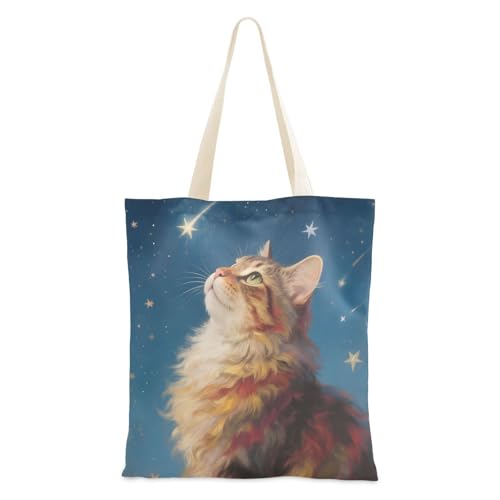 voucong Stoff-Tragetasche mit Griffen für Damen, Cartoon-Malerei, Katze, Stern, mit Taschen, mit Griffen, wiederverwendbare Canvas-Tragetasche, Hochzeitsgeschenk von voucong