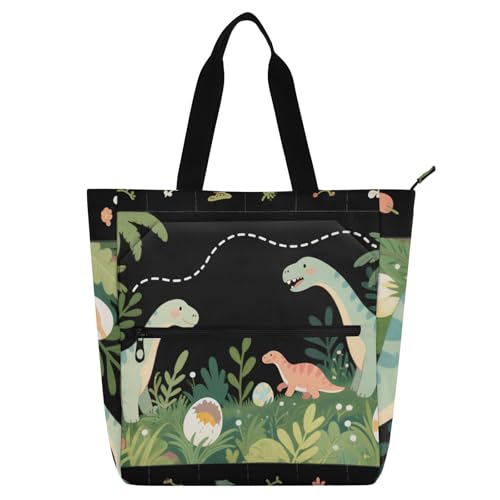 voucong Süße Cartoon-Dinosaurier-Tragetasche für Kinder, Jungen, Mädchen, große wiederverwendbare Einkaufstasche mit Reißverschlusstaschen für Schule, Arbeit, Reisen von voucong