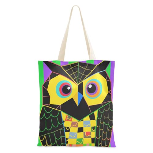 voucong Tragetasche aus Segeltuch mit Cartoon-Malerei, Eulenmotiv, gestreift, für Damen, mit Taschen und Griffen, wiederverwendbare Tragetasche, Geschenk aus Segeltuch von voucong