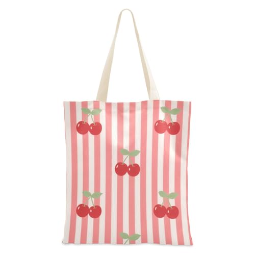 voucong Tragetasche aus Segeltuch mit Taschen für Damen, mit Taschen, mit Griffen, wiederverwendbar, mit roten Kirschstreifen, niedliche Geschenke von voucong